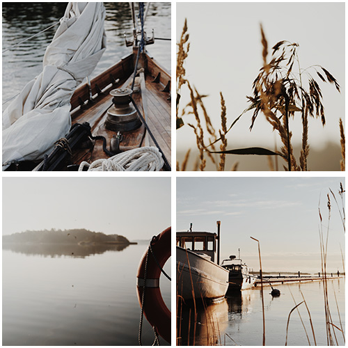 Four archipelago images from Baggö Marina's boat harbour with boats in the harbour, wooden sailing ship, trawler and close-up of reed